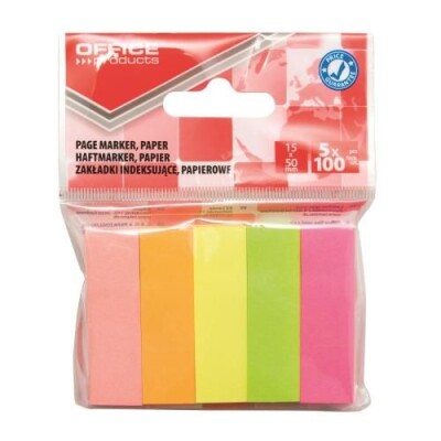 Самозалепващи индекси OFFICE PRODUCTS, хартиени, 15х50 мм, микс неон, 5х100 л.