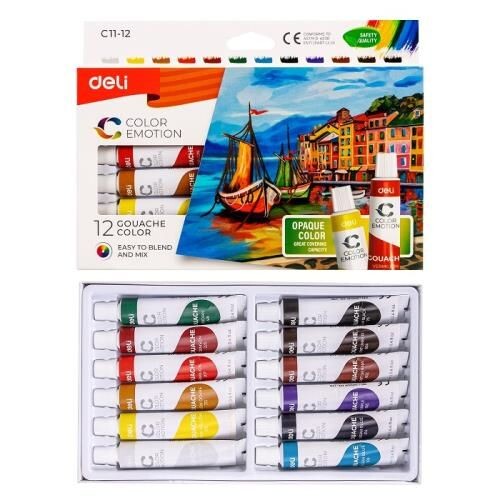 Темперни бои Deli Gouache EC11-12 на водна основа, 12 цвята х 12 мл в тубички