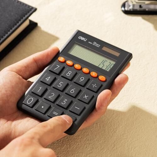 Калкулатор Deli EM130 джобен, 12 dgt, 70.2 x 8.5 x 112.2 мм, тъмносив